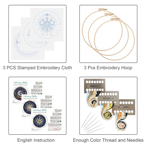 Image of Louise Maelys 3 Set Tarot Embroidery Kits for Beginners,Cross Stitch Kit for Adults,Starters DIY Needlepoint Including Embroidery Cloth with Sun Moon Star Evil Eye Pattern and Instructions