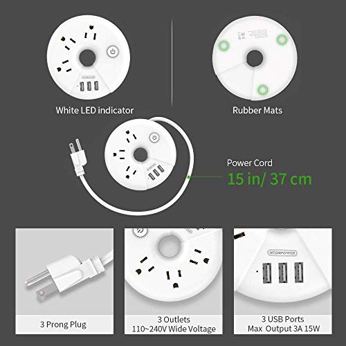 NTONPOWER Travel Power Strip Bundle, 3 Outlets 3 USB Portable Desktop Charging Station with 15 inch Short Cord and 5ft Extension Cord for Office, Home, Hotels, Cruise Ship, Nightstand - White - image 2