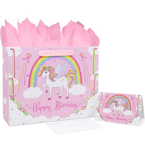 Oletx 13 Pink Unicorn Gift Wrap Paper Bag Birthday Party Wrapping Bag