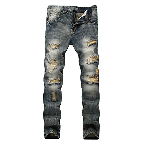 Men's Jeans Distressed Ripped Biker Moto Denim Stretch Slim fit Zipper Pants Casual
