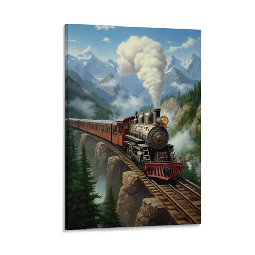 Décoration murale vintage train et paysage de montagne enneigée