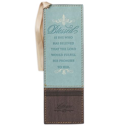 Christian Art Gifts Vegan Faux Leather Scripture Bookmark for Women: Blessed is She - Luke 1:45 Inspirational Bible Verse Heat-Debossed, Faith-Based Reading Book Accessory w/Ribbon Satin Tassel, Blue
