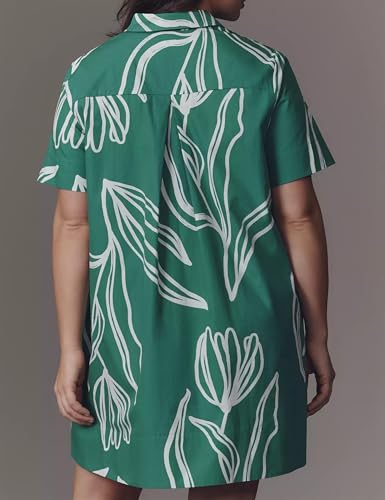 Image of Women's Short Sleeve Swing Tunic Mini Dress Button Up Blouse Shirt Summer Loose Casual Flowy A Line Short Dresses Green Flower