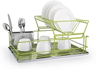 FurnitureXtra Stainless Steel Dish Drainer with Drip Tray and Cutlery Holder (2 Tier Green)