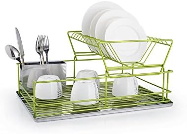 FurnitureXtra Stainless Steel Dish Drainer with Drip Tray and Cutlery Holder (2 Tier Green)