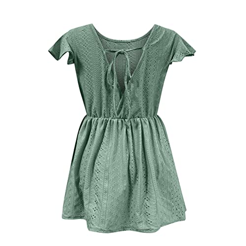 Womens Crochet Hollow Out Babydoll Short Ruffle Sleeve V Neck T-Shirts Tunic Casual Loose Fit Summer Tops Green #TOP4