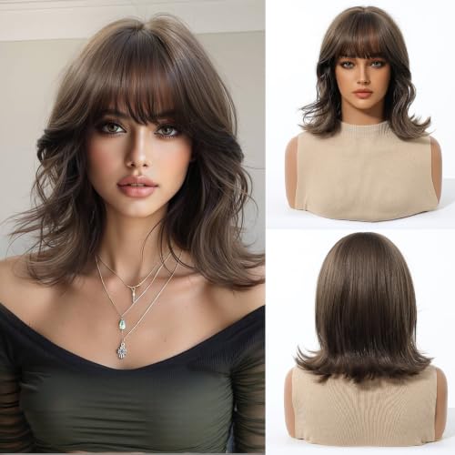 Esmee Short Wavy Synthetic Brown Bob Wig for Women with Bangs- 10IN