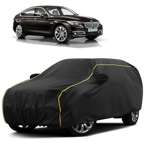 Image of Sulfar 100% Water Resistant Car Body Cover Compatible with Mirror for BMW 5 Series GT (Triple Stitched, Full Bottom Elastic, Black Taffeta with Yellow Piping)