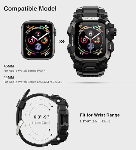 Image of ULTIMAL Rugged Case with Band for Apple Watch Band 45mm,Compatible with Apple Watch Series 9 /8 /7 45mm,Military Grade Shockproof Bumper Cover for iWatch Tactical Band Men (Black, 45mm)