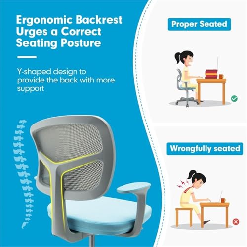 Image of Pemberly Row Kids Study Chair, Adjustable Height 31.5-36 in, Blue Mesh Backrest, Padded Armrests, Swivel Seat, Auto Brake Casters, Ergonomic Design for Children Study Room