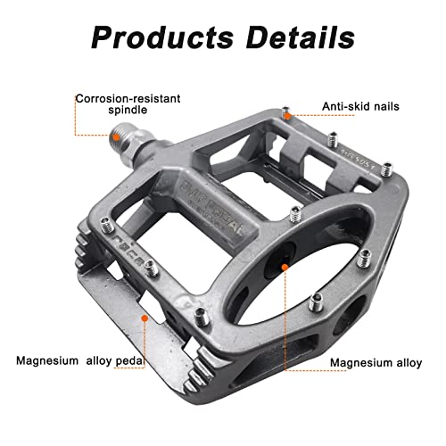 Upanbike Magnesium Alloy Bike Pedals 9/16'' Spindle Bearing High-Strength Non-Slip Large Flat Platform For Mountain Bike Road Bicycle (Titanium Color) #TOP1