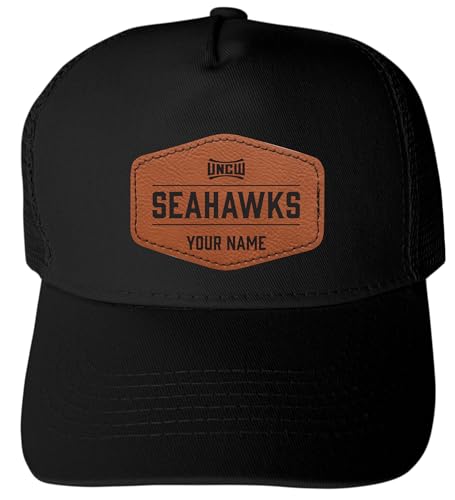 North Carolina Wilmington Seahawks Custom Collegiate Trucker Hat – Officially Licensed with Hexagon Leather Patch (Black)