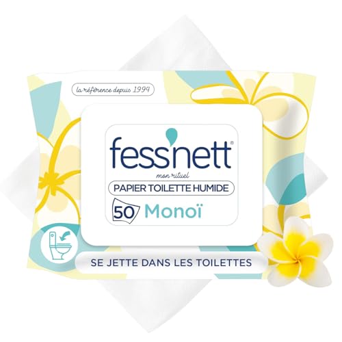 Fess'Nett - Feuilles de Papier Toilette Humide Jetable dans les Toilettes - Au Parfum Monoï - Papier WC Humide Alternative aux Lingettes Nettoyantes - Fibres...