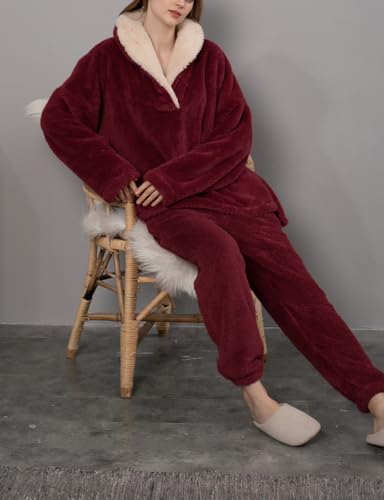 Women's Fluffy Loungewear Sleepwear Lounge Casual Pajamas Sets Loose Long Sleeve Fleece Pullover and Pants Set2