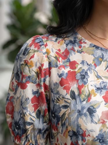 Image of HELLCAT Women Floral Fit & Flare Midi Dress | Round Neck, Puff Short Sleeve, Waist Tie-Up Belt | Casual Brunch Wear, Western One Piece, A-Line Long Frock, Summer Party Outfit