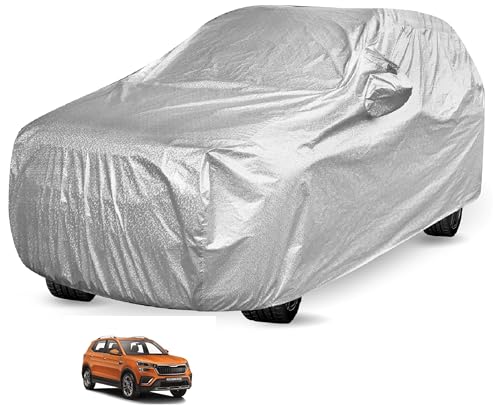 Image of Auto Hub Car Cover Compatible with Skoda Kushaq with Mirror Pocket and Soft Cotton Lining,Waterproof Kuhaq Car Cover, Metallic Silver