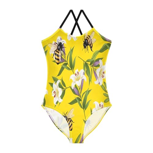 Bees White Lily Flowers Swimming Suit for Girls, Summer Beach Bathing Suits Girls, 3-10