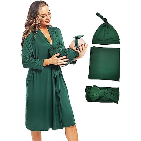 QTECLOR Maternity Robe with Matching Swaddle Blanket Set,Maternity Barhrobe Delivery Labor Robe for Hospital Women Dress Cover