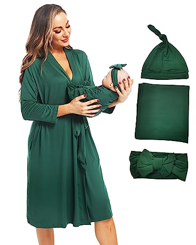 Image of QTECLOR Maternity Robe with Matching Swaddle Blanket Set,Maternity Barhrobe Delivery Labor Robe for Hospital Women Dress