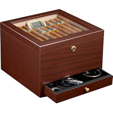 Cigar Humidor, Spanish Cedar Wood, Air Circulation System, up to 70 Cigars, Digital Hygrometer, Lock, Drawer, Humidifier, Divider, Handmade Desktop Cigar Box for Cigar Lovers Cover