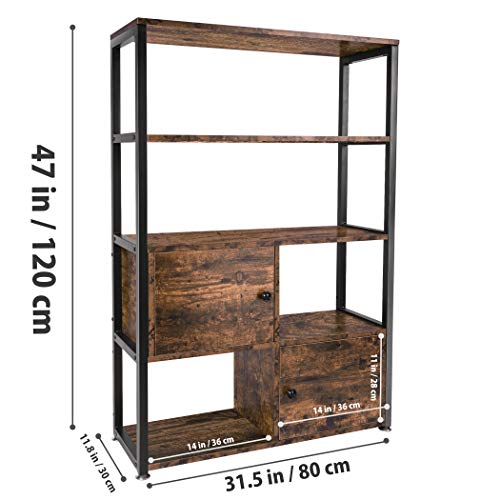 Becko US Bookshelf with 2 Cabinets Vintage Industrial Display Bookcase with Doors Storage Rack Shelves for Living Room Office Entryway Hallway (Rustic Brown)