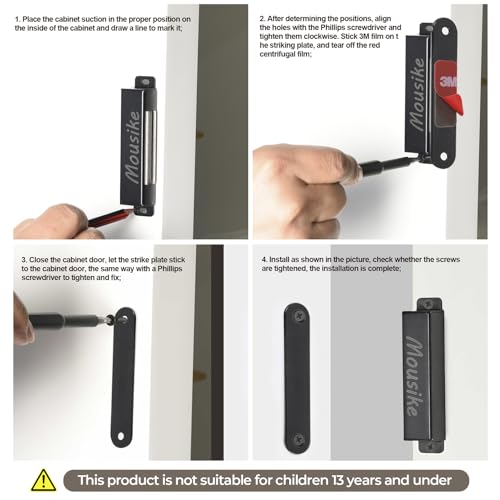 Mousike Magnetischer Türverschluss 30 kg Starke Edelstahl Schrankmagnete für Küchenschrank Kleiderschrank Schrank Schranktürverschluss (Schwarz 2er Pack)