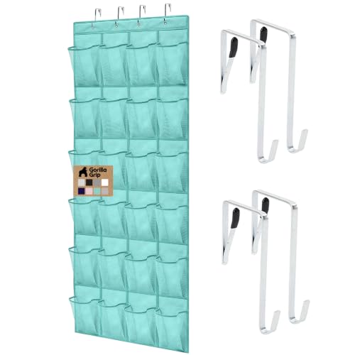 Image of Gorilla Grip Over The Door Mesh Pocket Shoe Organizer, 24 Large Breathable Durable Pockets, Hooks for Hanging on Closet Door, Storage Rack, Organizers for Shoes, Sneakers, Accessories, Turquoise