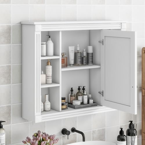 LZ LEISURE ZONE 35'' x 28'' Wall Mounted Bathroom Storage Cabinet, Modern Bathroom Wall Cabinet with Mirror, Mirror Cabinet with 6 Open Shelves, White