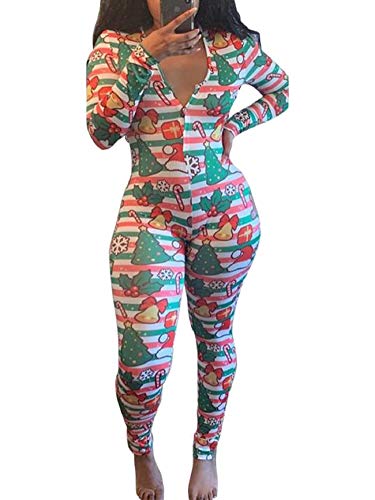MiliMaDa Womens Christmas Onesie Sleepwear Romper Jumpsuit Christmas Print V-Neck Slim Bodysuit Pajama Party (Christmas Tree, X-Large)