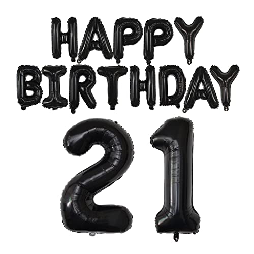 Happy Birthday Balloon Banner 40 inch 21 or 12 Balloon Number 16 Inch Happy Birthday Letters Balloons Black Foil Mylar Balloons for 21st 12th Birthday Decorations Party Supplies