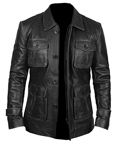 meninious Four Button Black Real Leather Blazar Coat for Men