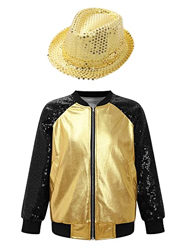 Hularka Kids Girls Boys Sparkle Metallic Long Sleeve Bomber Jacket Coat Jazz Street Dance Top Outwear with Hat Set