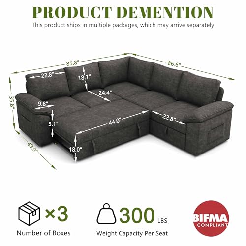Image of 85 Inch Modular Sectional Sofa with Pull Out Bed,L Shaped 5 Seat Sectional Sleeper Sofa with Storage,Sectional Couches for Living Room,Cloud Modular Couch,Removable Sofa Cover, Dark Grey