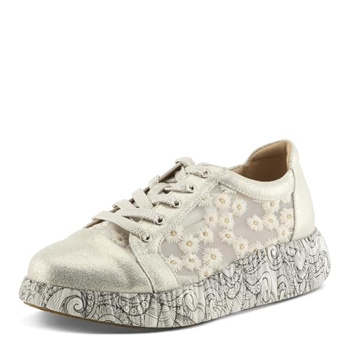 L'Artiste Women's SNEAKHEART Lace-Up Sneakers – Metallic Floral Embroidery, Breathable Mesh, Removable Insole, Street-Chic Design
