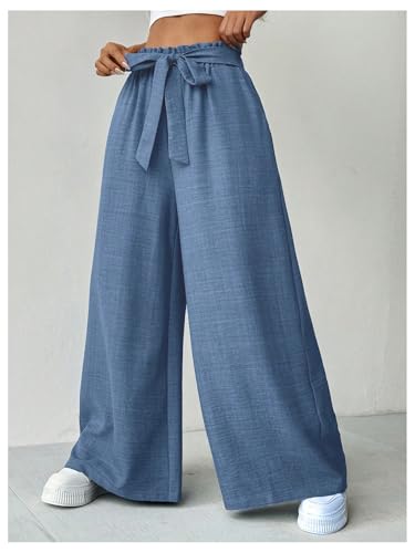 WDIRARA Women's Frill Trim Elastic High Waist Belted Pants Wide Leg Trousers4
