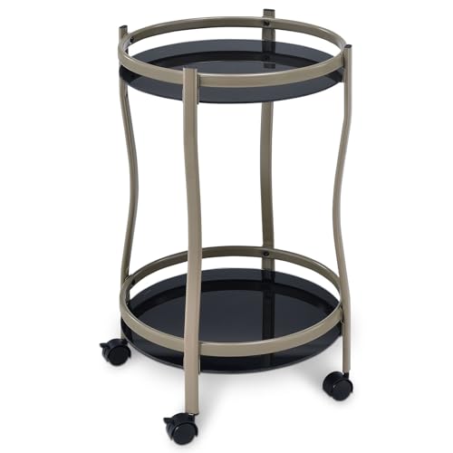 IDIMEX Chariot de Service Vega Coloris Champagne et Noir Table d'appoint Ronde sur roulettes Chariot à thé et Boisson en métal, avec 2 étagères en Verre trempé Noir