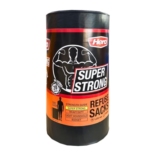 Hero 85L Heavy Duty Bin Bag Liners – Pack of 20 Extra Large Black Bag Refuse Sacks, Super Strong, Leak Proof & Tear Resistant