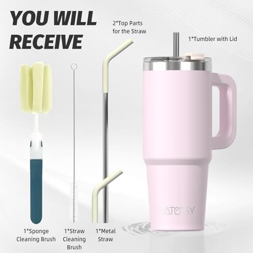 Image of 30 oz Tumbler with Handle,Tumbler with Lid and Straw,Double Wall Insulated Cup Stainless Steel Travel Mug(Cold for 34 Hours),Water Bottle for Iced Tea,Coffee,Cold Beverages(Rose Quartz)