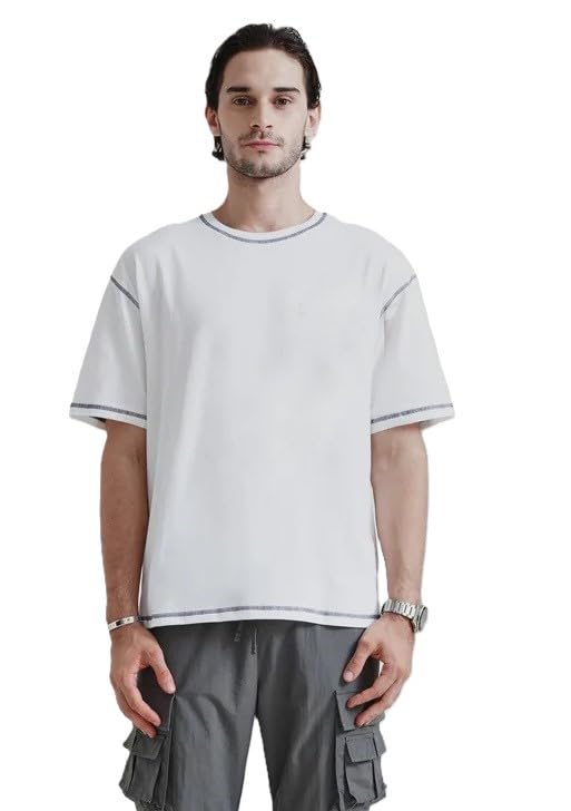 Image of Men's Premium Contrast Stitch Oversized T-Shirt | Round Neck | Half Sleeve | Soft Stretch Casual Tee | Relaxed Fit