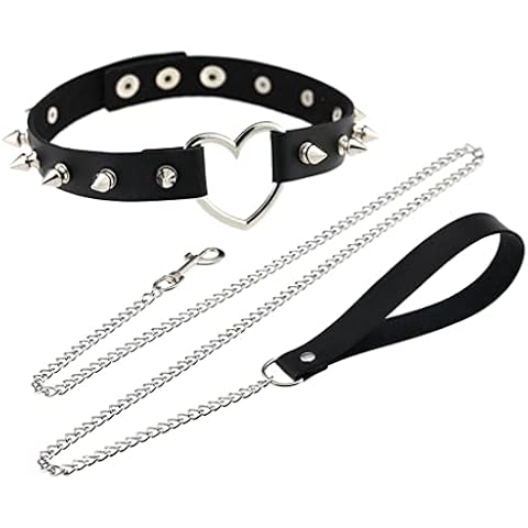 LAIFEKE Rivets Choker Punk Hauling Chain PU Leather Collar Peach Heart Gothic Necklace NightClub Goth Leash Belts (Black) Cover