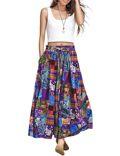 YESNO Women Wide Leg Pants Summer Floral Boho Palazzo Pants Casual High Waisted Flowy Crop Trousers with Pockets PSC
