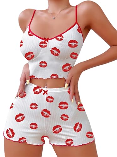 Image of Hilinker Womens Graphic Print Ribbed PJ Set Crop Cami Tops and Shorts Cute Pajamas Set