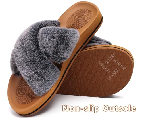 Image of COFACE Womens Fuzzy Slides Fluff Faux Fur Cross Slippers Open Toe Yoga Mat House Slipper Sandals With Arch Support For Indoor /Outdoor