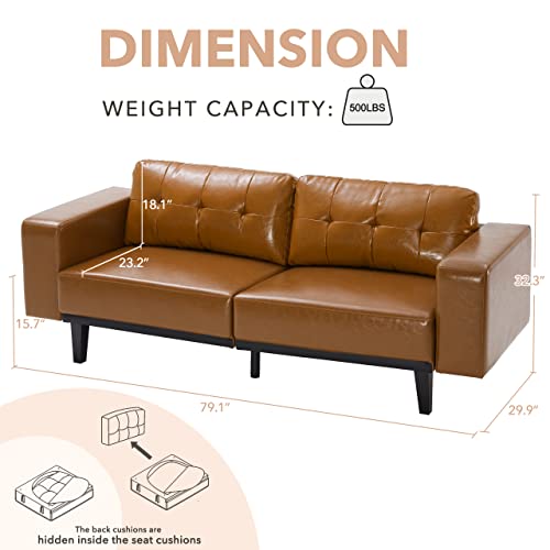 79" W Faux Leather Sofa, Mid Century Modern Couch, Oversized Loveseat Large Classic Living Room Sofa, Deep Seated Leather Sofa With Solid Wood Legs For Bedroom Office Apartment, Cognac Tan #TOP1