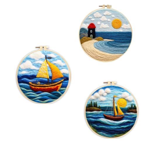 Image of 3 Sets Wool Felt Sets Seascape Scenery Needle Felting Kits DIY Handmade Wool Felt Painting Kits Home Decor Needle Felt Starter Sets Gifts with Instructions and Foam Pad for Beginners (White)