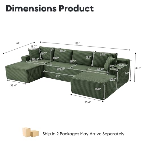 Image of 125 Inch Modular Sectional Sofa, Cloud Couch Oversized U Shaped Corduroy Sofa with Storage & Cupholders, Modern Deep Seat Boneless Couches for Living Room, No Assembly Required, Green