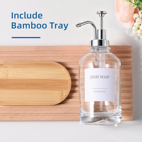 Image of Glass Soap Dispenser with Pump, Dish and Hand Soap Dispenser for Kitchen Bathroom Set, Clear Glass Dispenser Set of 2 Pack with 18 Stickers Funnel Bamboo Tray 500ml 18oz / Each Bottle Sliver Pump