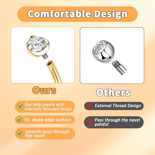 GAGABODY G23 Titanium 14G Belly Button Rings Navel Rings Belly Rings 3/8 inch 10mm Belly Piercing Prong Set Belly Button Navel Piercing Ring Double Sparkle CZ Navel Barbell4