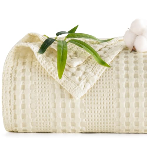 PHF Cooling Waffle Blanket Queen Size, Lightweight 60% Rayon Derived from Bamboo & 40% Cotton Breathable Blanket for Hot Sleepers, Soft and Luxury for Bed Couch and Sofa, 90"x90", Ivory