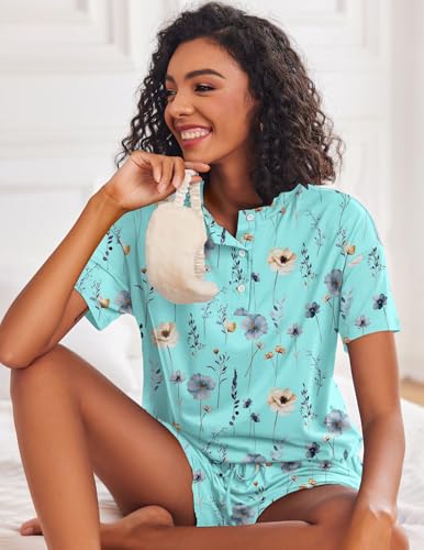 Image of Ekouaer Pajamas Set for Women Short Sleeve Lounge Set 2 Piece Loungewear PJs Soft Cute Lightweight Sleepwear